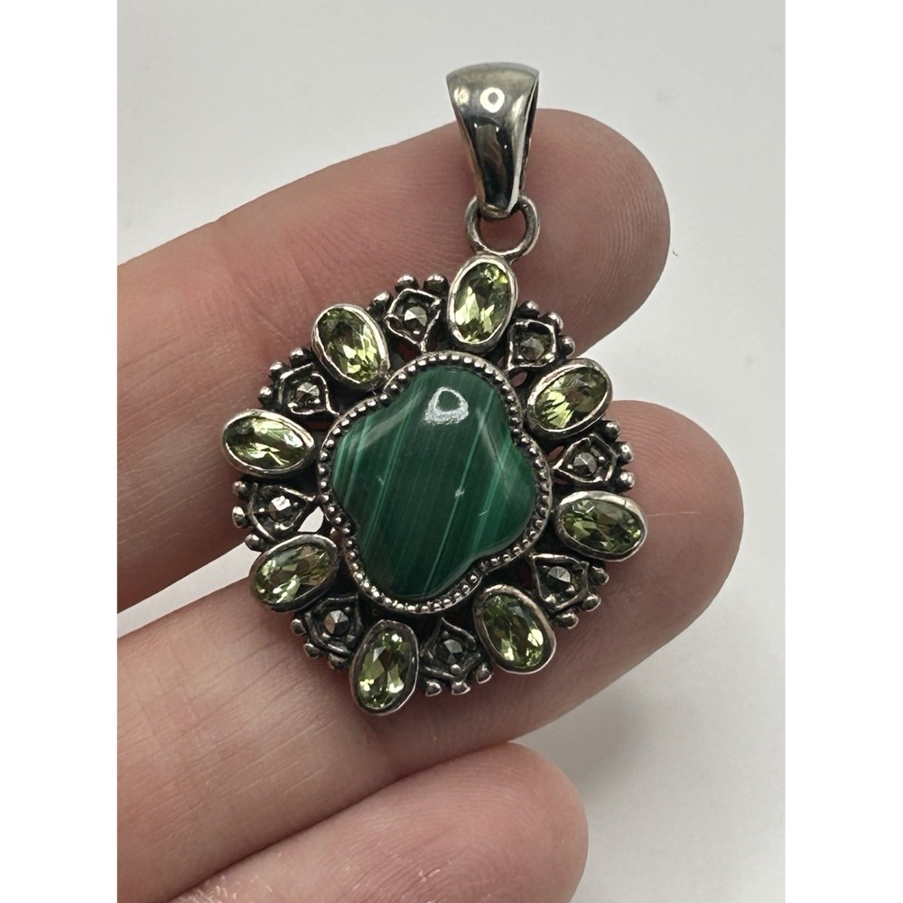 925 NK Thailand Sterling Silver Malachite Peridot Pendant Marcasite Style